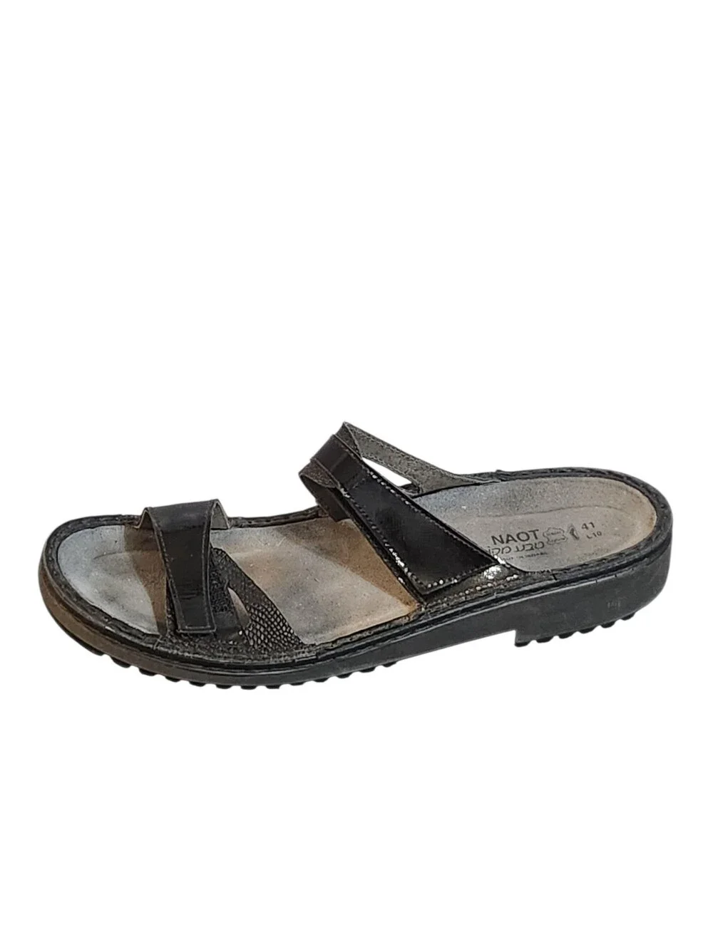 Naot Sandals Womens 41 10 10.5 Black Patent Leather Double Strap Shoes Hook Loop